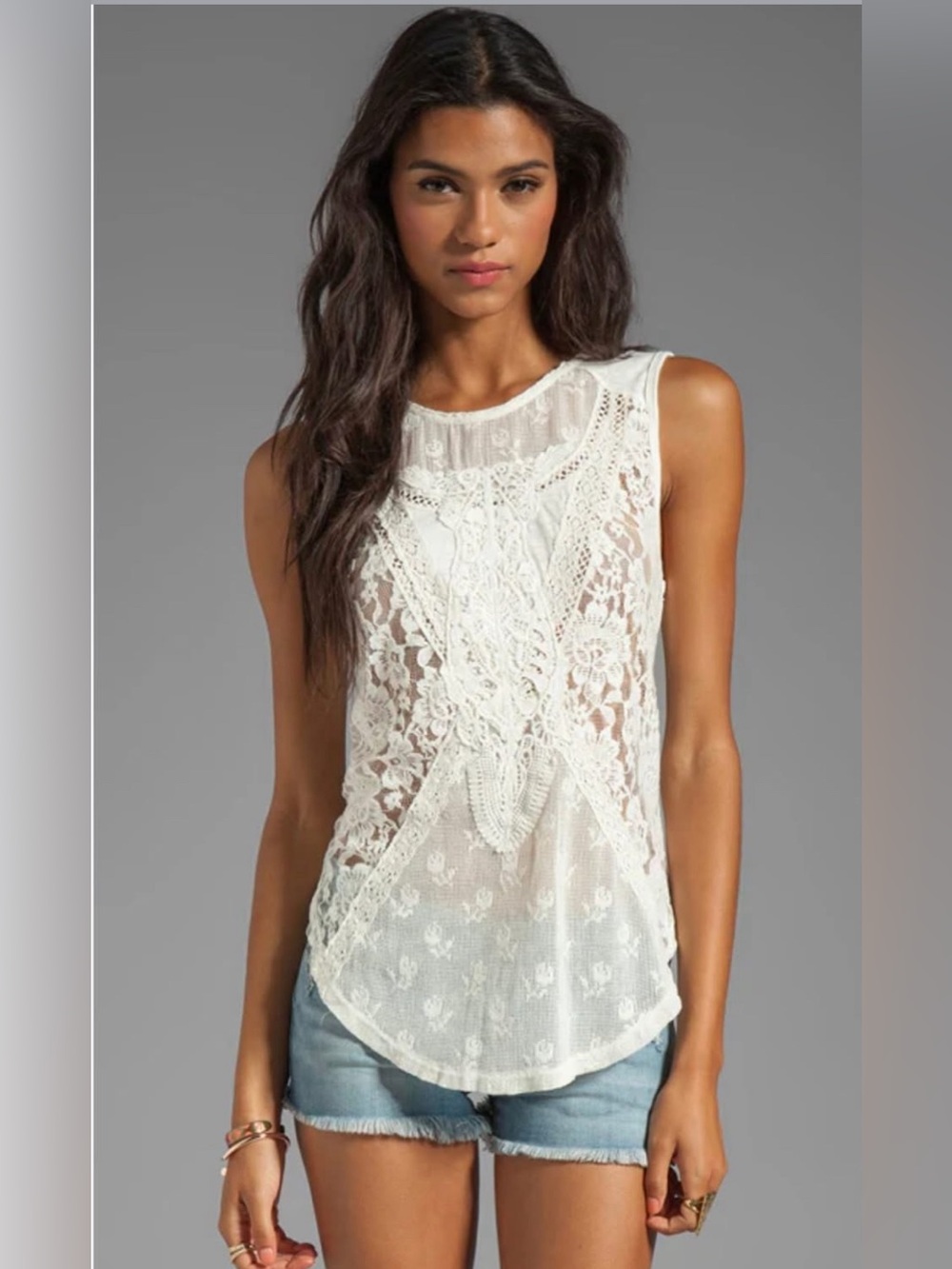 Free People sleeveless ivory boho top - sheer, mixed-media lace and crochet